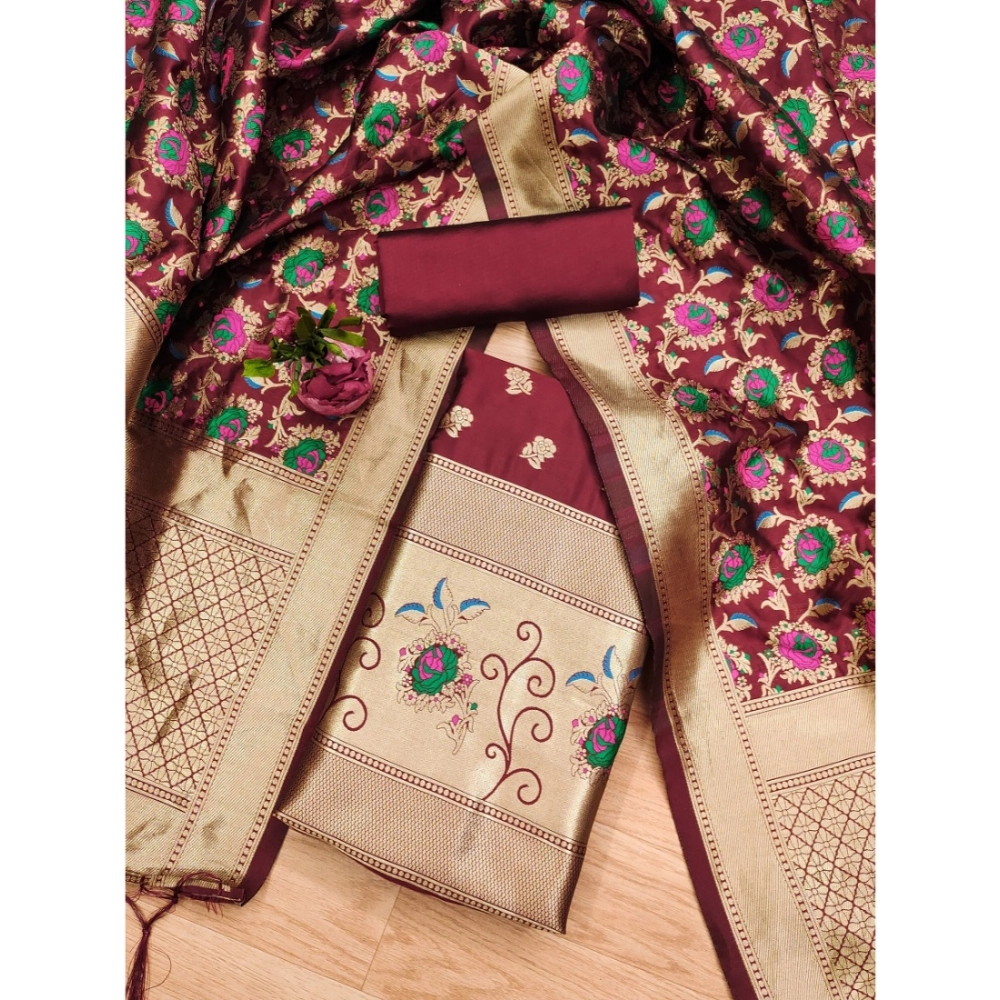 Women's Banarasi Silk Printed Unstitched Salwar Suit Material With Dupatta (Maroon, 3Mtrs) - Image 4