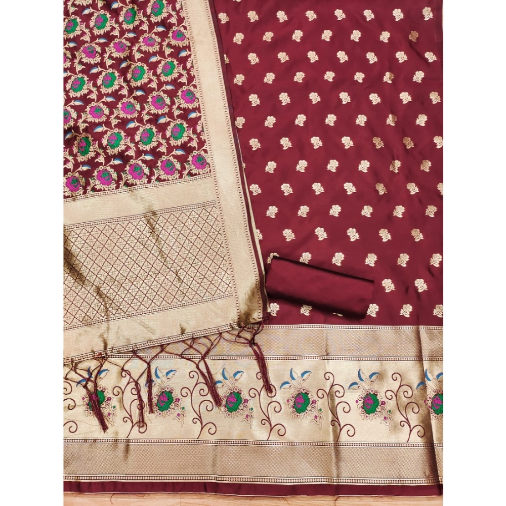 Women's Banarasi Silk Printed Unstitched Salwar Suit Material With Dupatta (Maroon, 3Mtrs) - Image 3