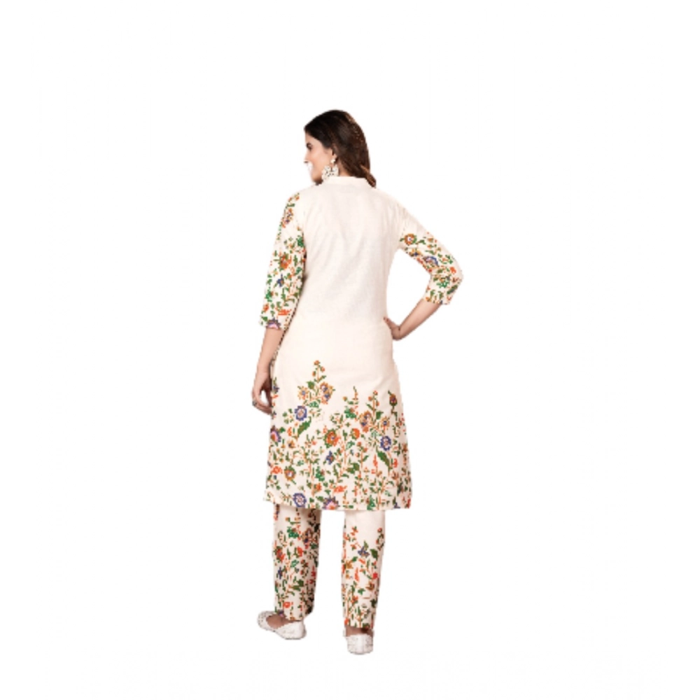 Women's Cotton Printed 3/4th Sleeve Kurti With Pant (Cream ) - Image 3