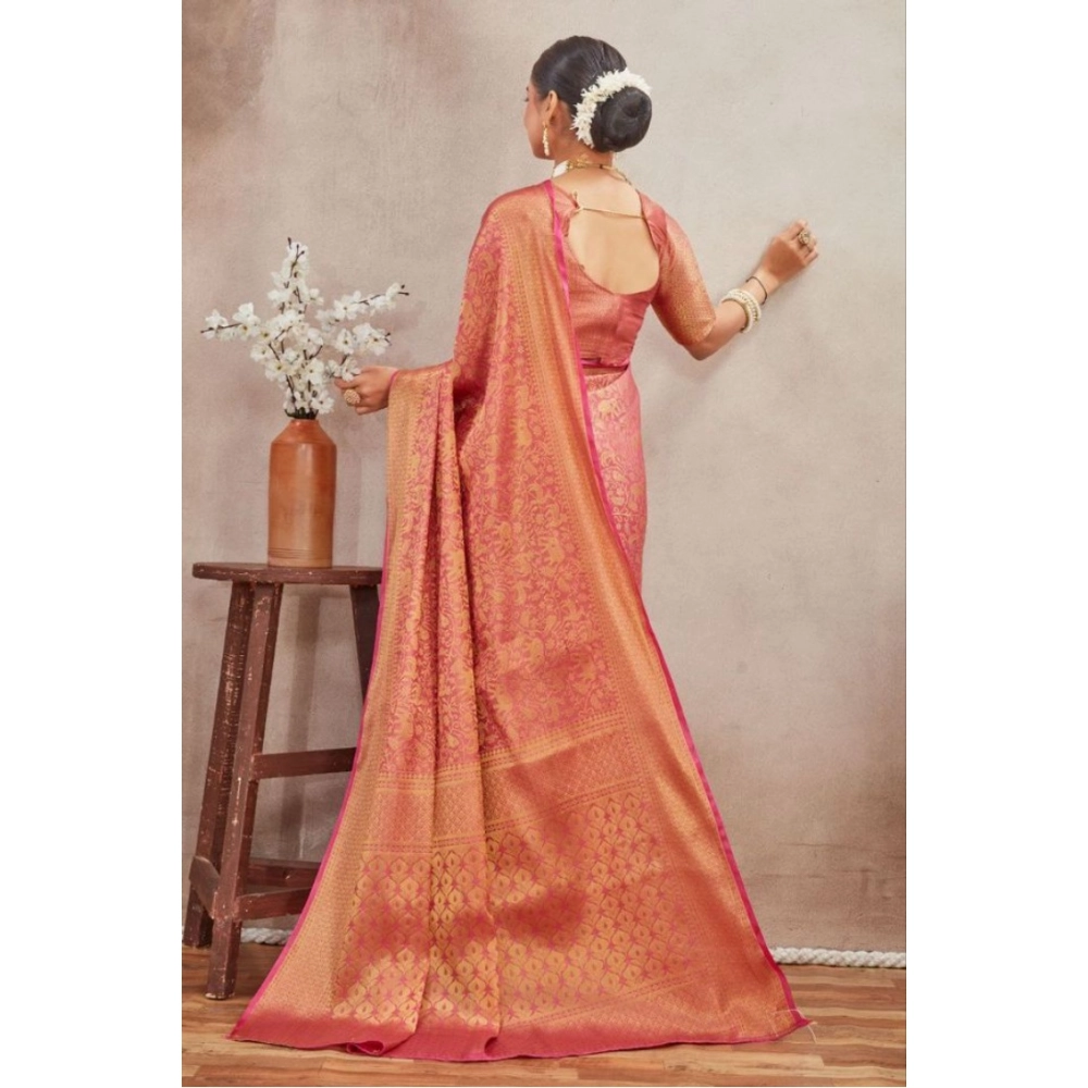 Women's Silk Blend Floral Printed Saree With Unstitched Blouse 5.5Mtr (Peach) - Image 3