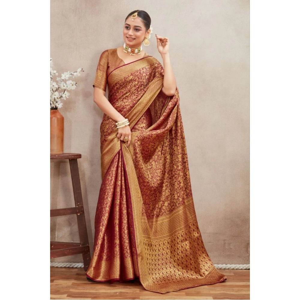 Women's Silk Blend Floral Printed Saree With Unstitched Blouse 5.5Mtr (Brown) - Image 3