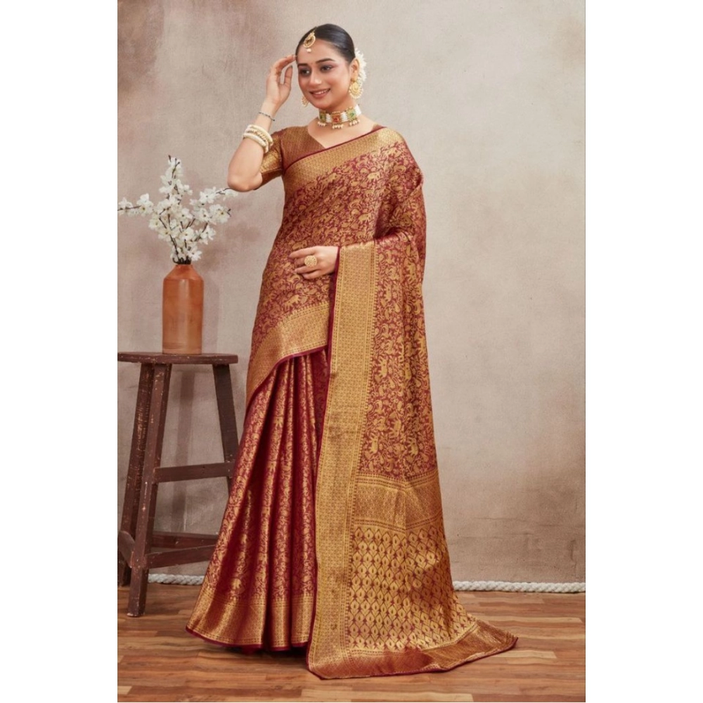 Women's Silk Blend Floral Printed Saree With Unstitched Blouse 5.5Mtr (Brown) - Image 4