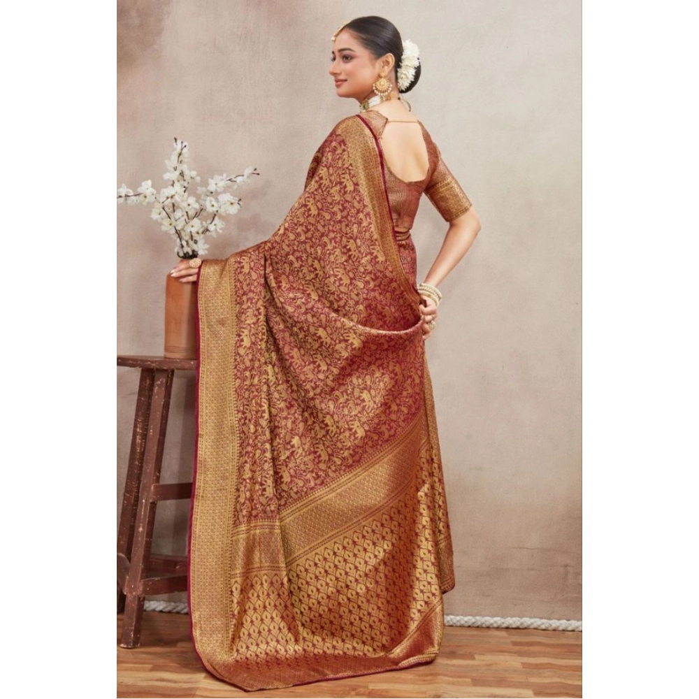 Women's Silk Blend Floral Printed Saree With Unstitched Blouse 5.5Mtr (Brown) - Image 2