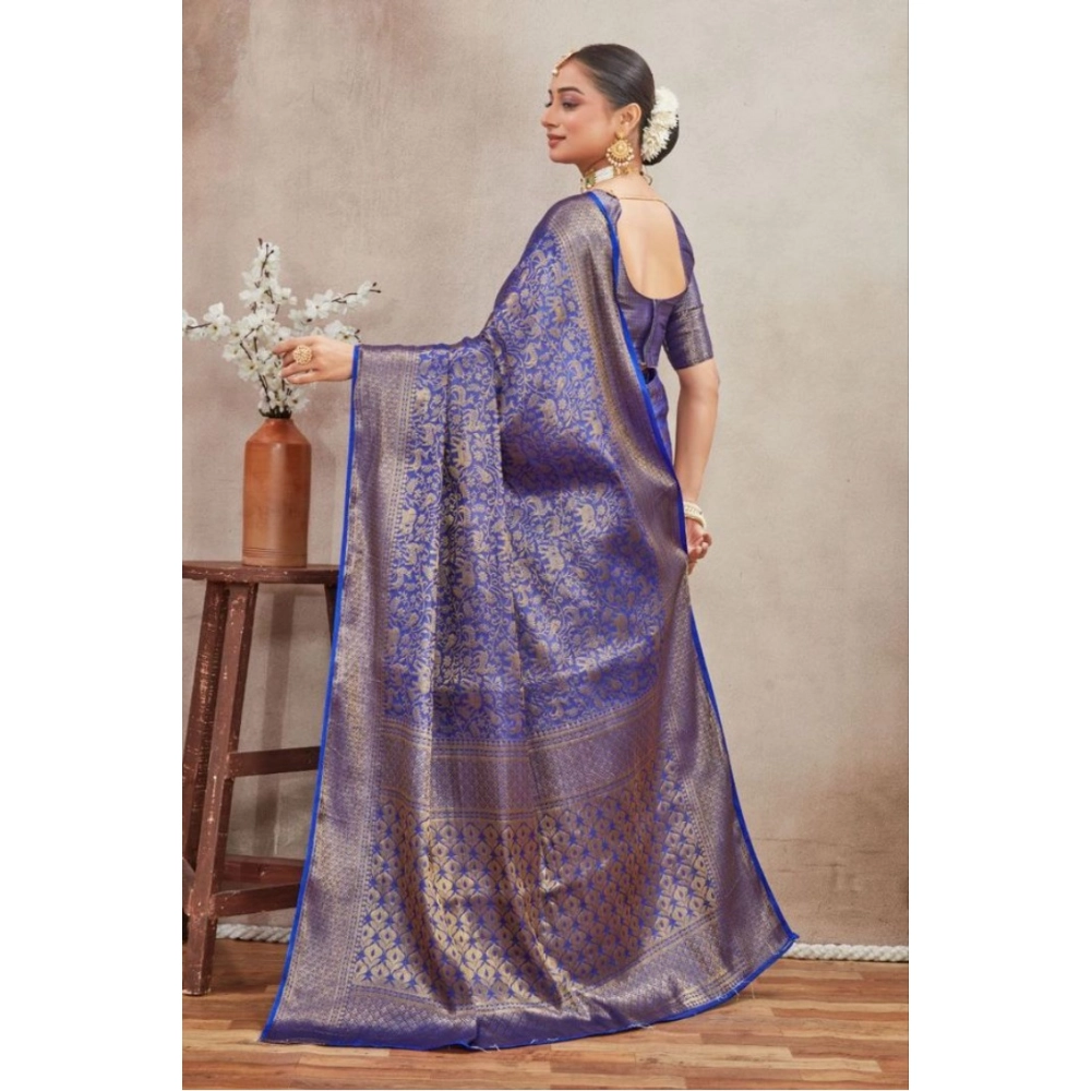 Women's Silk Blend Floral Printed Saree With Unstitched Blouse 5.5Mtr (Royal Blue) - Image 4