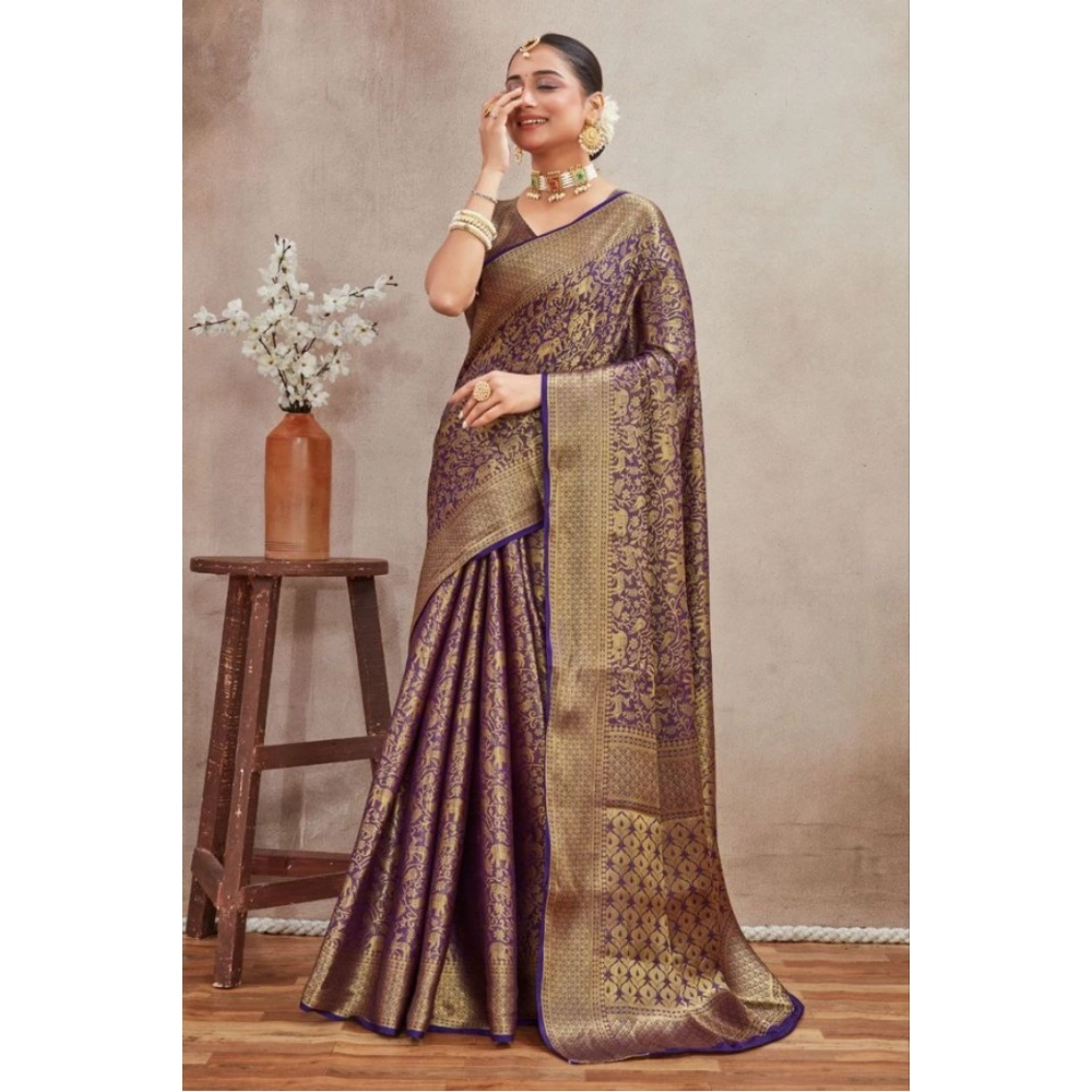 Women's Silk Blend Floral Printed Saree With Unstitched Blouse 5.5Mtr (Navy Blue) - Image 4
