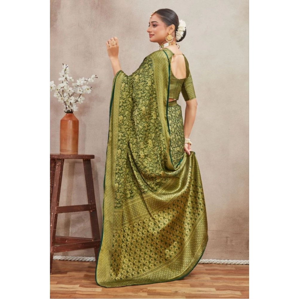Women's Silk Blend Floral Printed Saree With Unstitched Blouse 5.5Mtr (Green) - Image 2