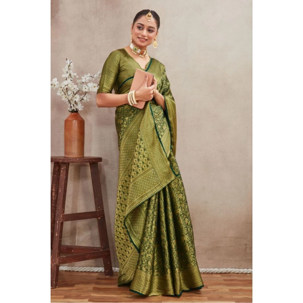 Women's Silk Blend Floral Printed Saree With Unstitched Blouse 5.5Mtr (Green) - Image 3