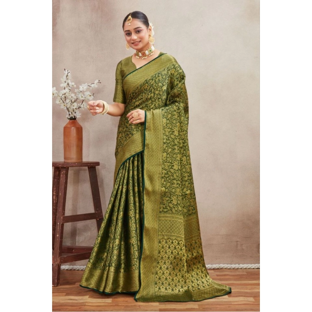 Women's Silk Blend Floral Printed Saree With Unstitched Blouse 5.5Mtr (Green) - Image 4