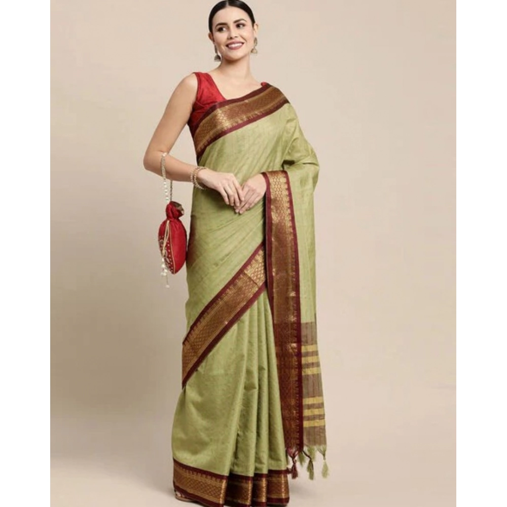 Women's Cotton Silk Checkered Saree With Unstitched Blouse 5.5Mtr (olive)