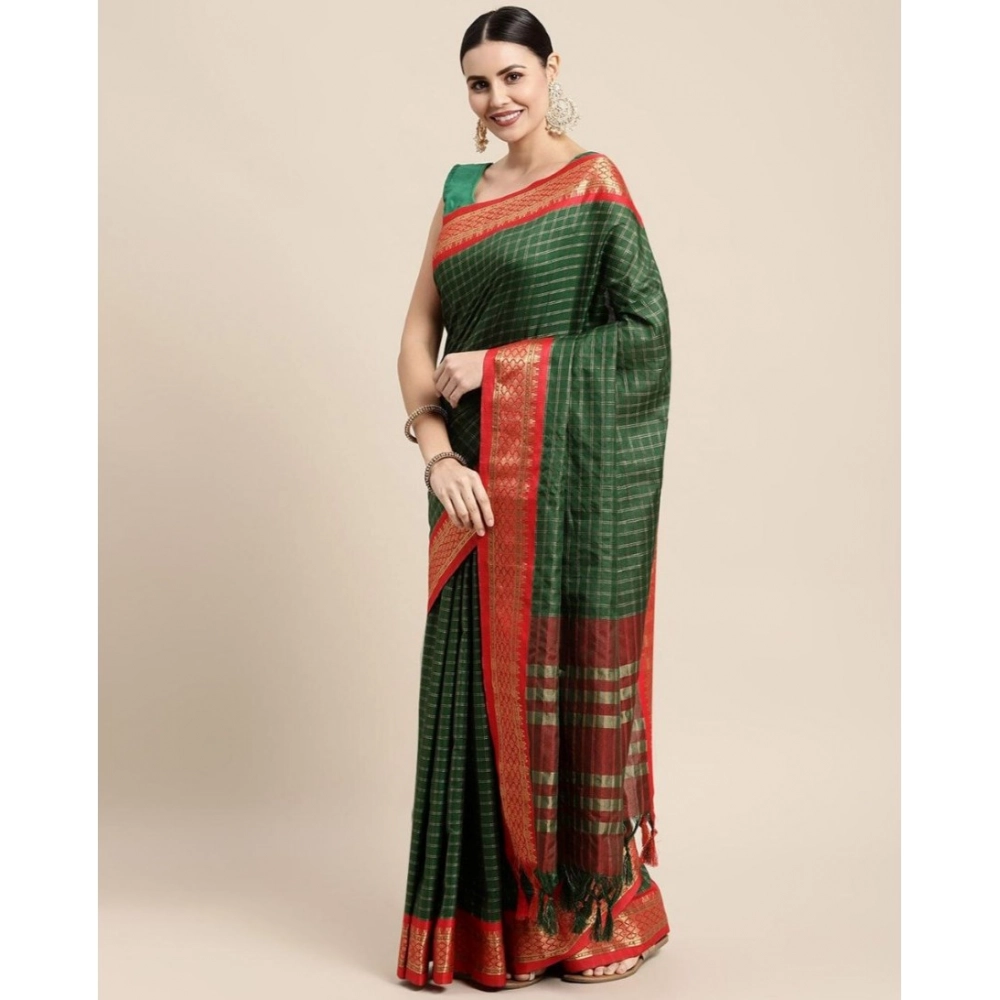 Women's Cotton Silk Checkered Saree With Unstitched Blouse 5.5Mtr (B Green)