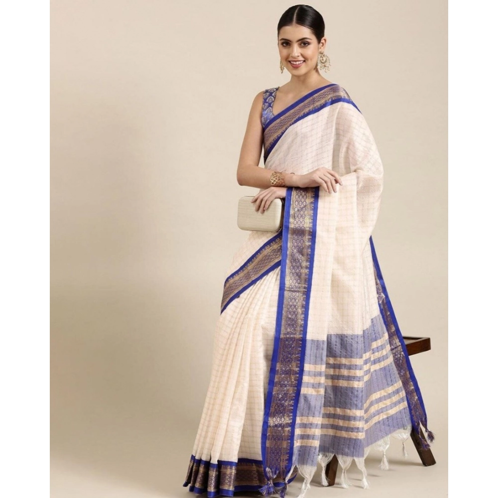 Women's Cotton Silk Checkered Saree With Unstitched Blouse 5.5Mtr (R Blue)