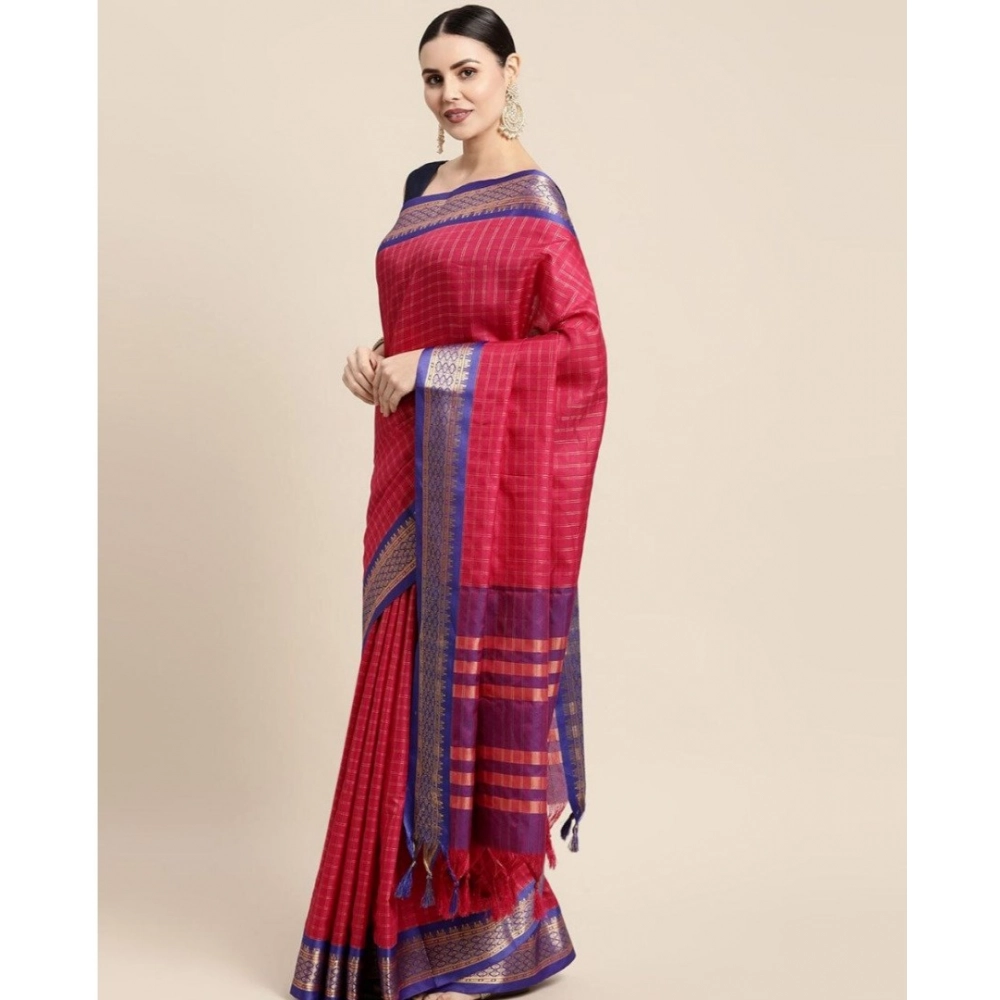 Women's Cotton Silk Checkered Saree With Unstitched Blouse 5.5Mtr (Red)