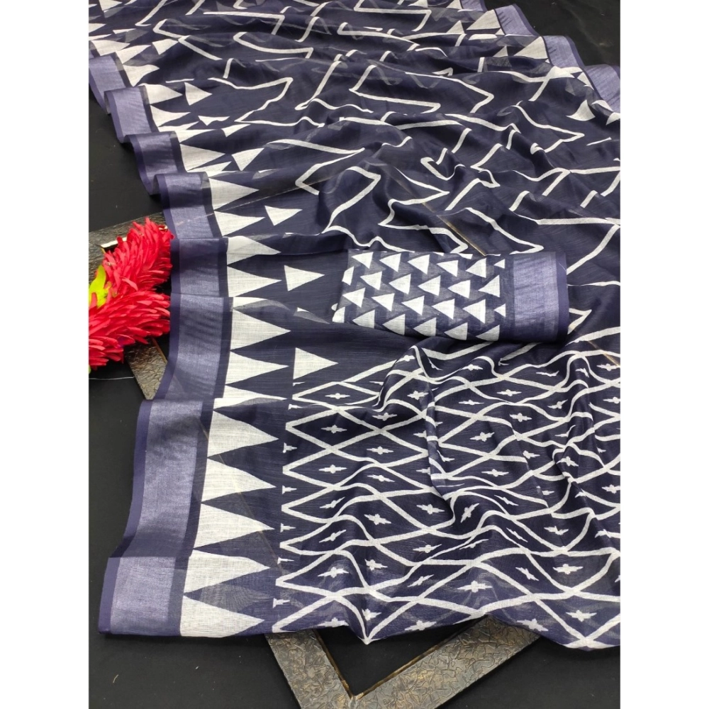 Women's Cotton Linen Woven Design Saree With Unstitched Blouse 5.5Mtr (Grey) - Image 3