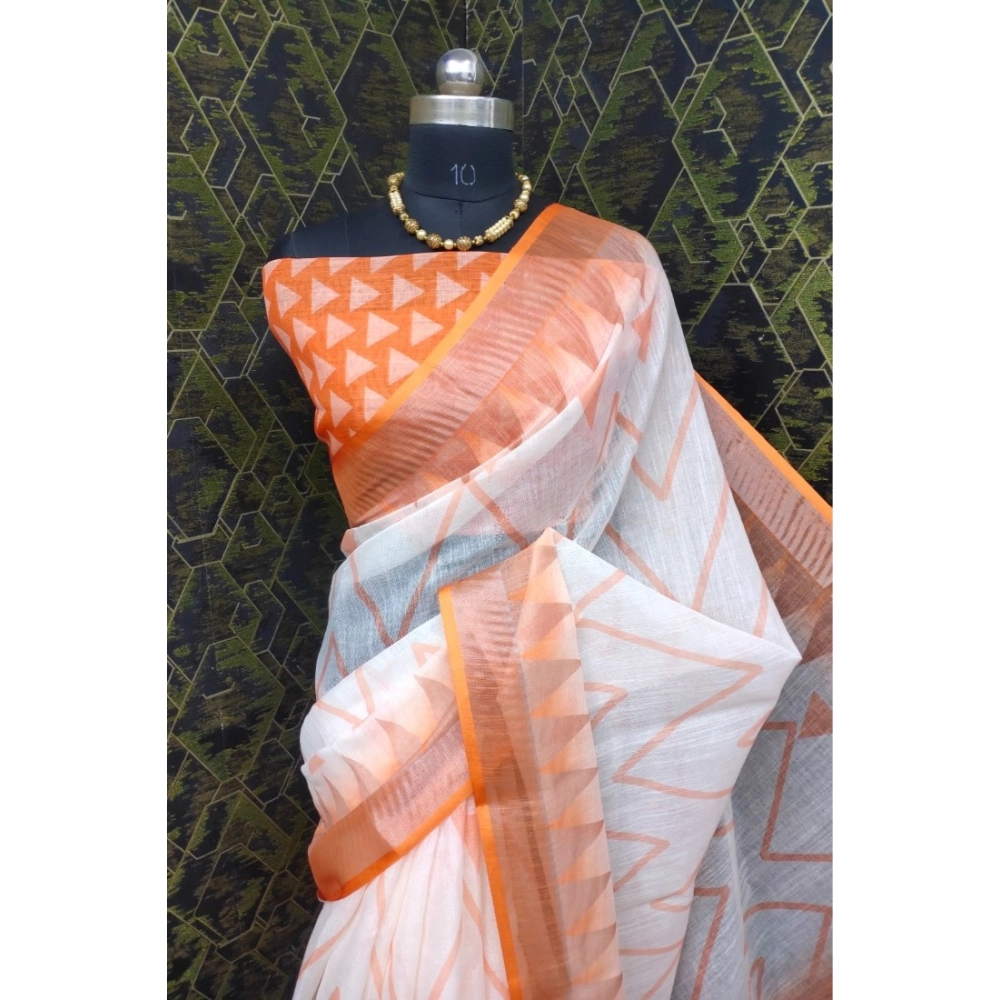Women's Cotton Linen Woven Design Saree With Unstitched Blouse 5.5Mtr (Orange) - Image 2
