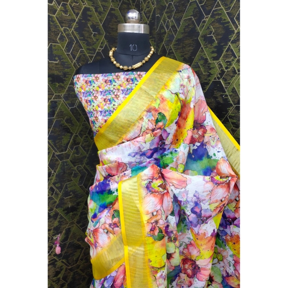 Women's Cotton Linen Printed Saree With Unstitched Blouse 5.5Mtr (Yellow) - Image 3