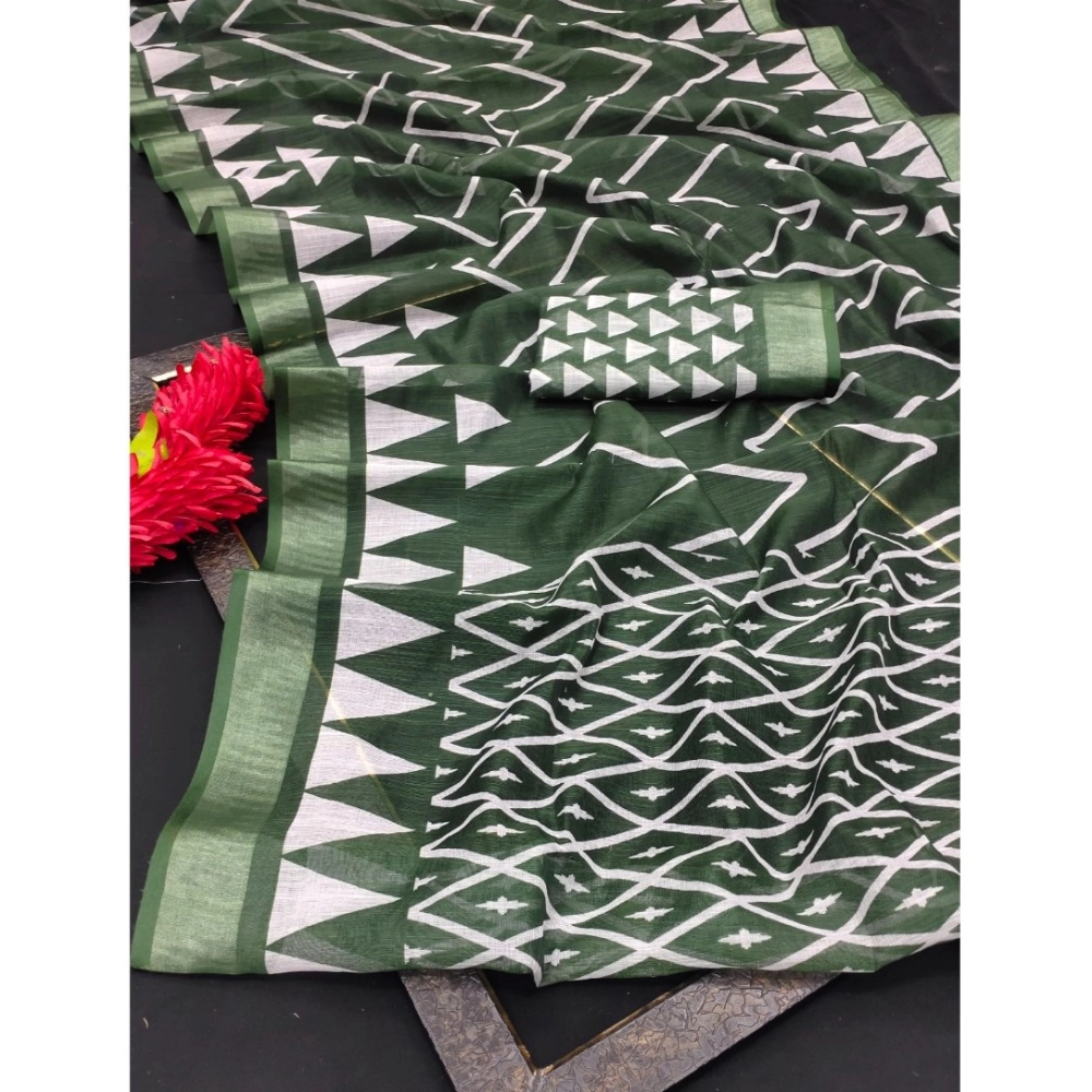 Women's Cotton Linen Woven Design Saree With Unstitched Blouse 5.5Mtr (Green) - Image 3