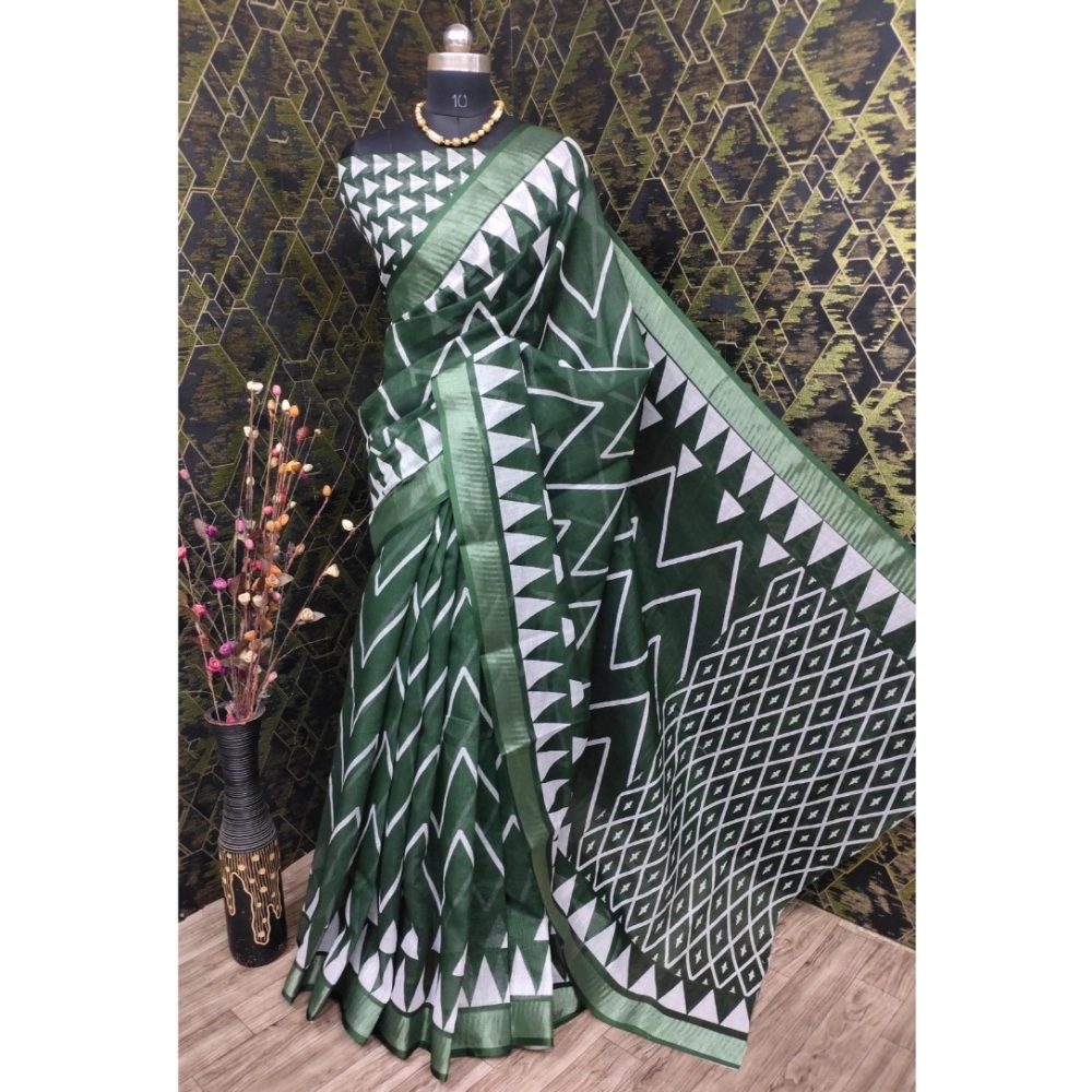 Women's Cotton Linen Woven Design Saree With Unstitched Blouse 5.5Mtr (Green)