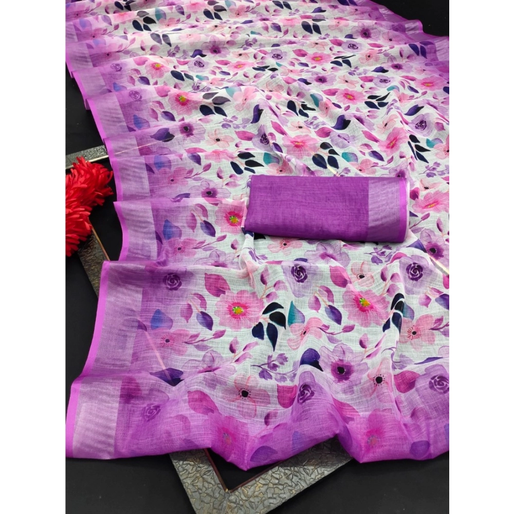 Women's Cotton Linen Woven Design Saree With Unstitched Blouse 5.5Mtr (Purple) - Image 2