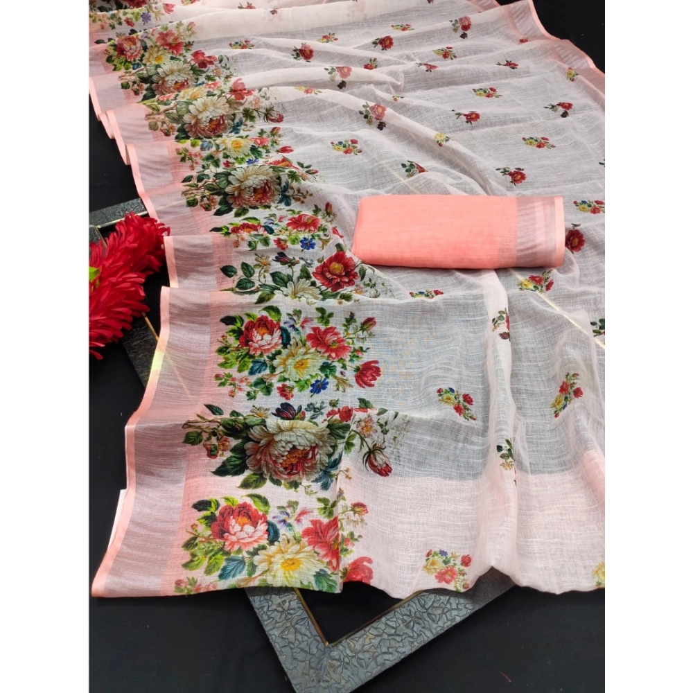 Women's Cotton Linen Woven Design Saree With Unstitched Blouse 5.5Mtr (Peach) - Image 2