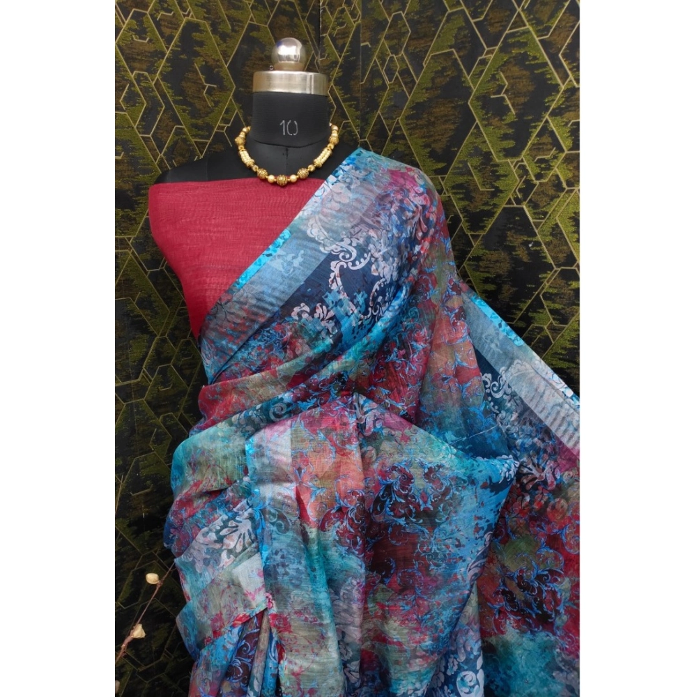 Women's Cotton Linen Woven Design Saree With Unstitched Blouse 5.5Mtr (Blue) - Image 3