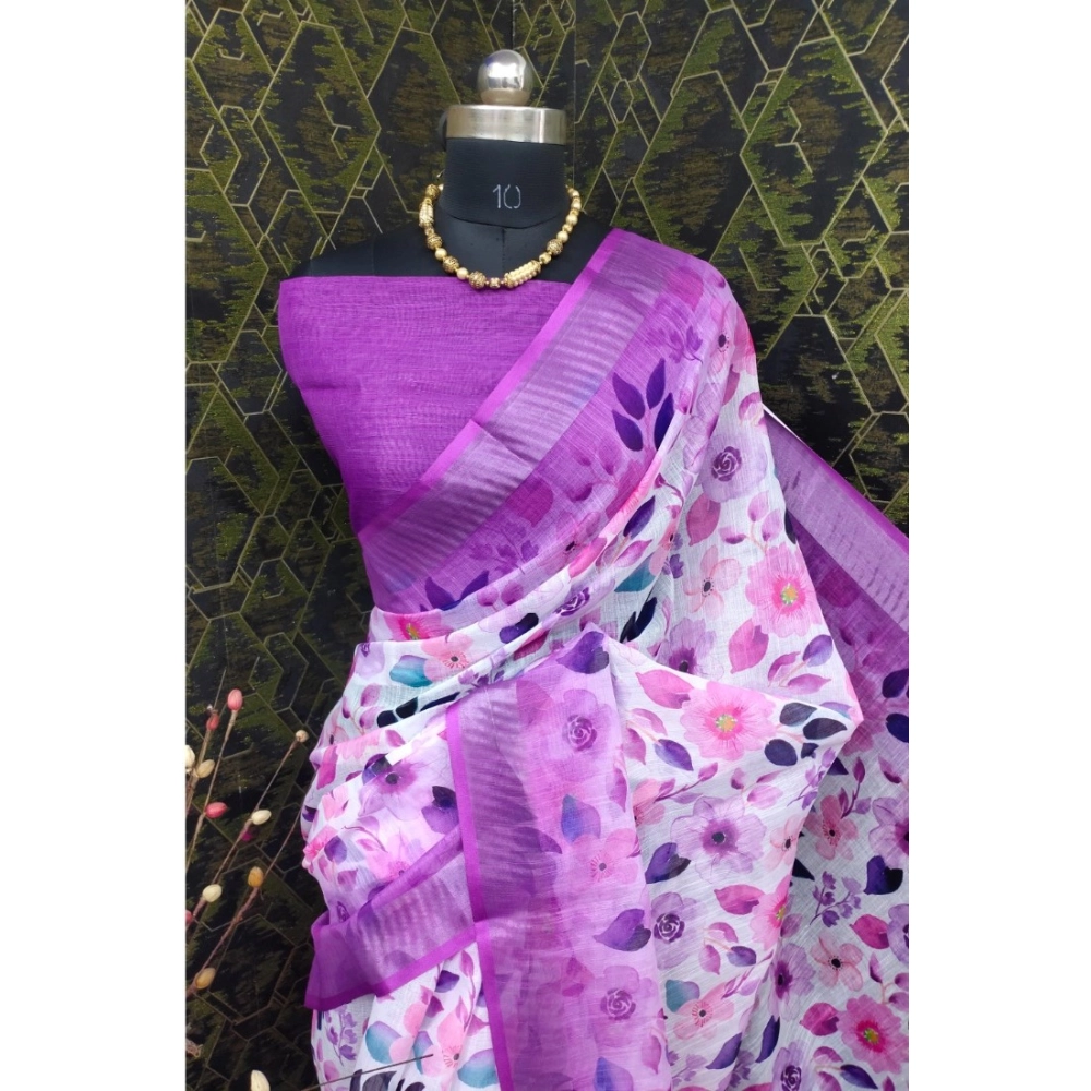 Women's Cotton Linen Woven Design Saree With Unstitched Blouse 5.5Mtr (Purple) - Image 3