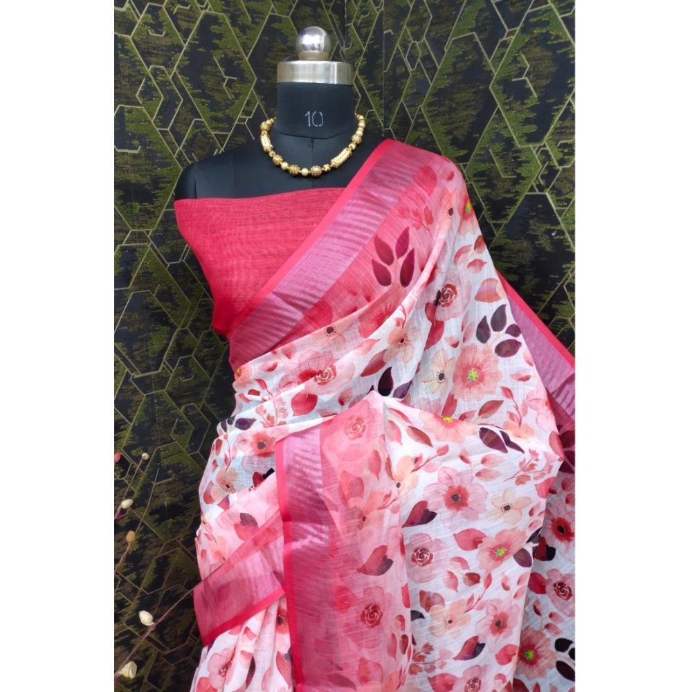 Women's Cotton Linen Woven Design Saree With Unstitched Blouse 5.5Mtr (Red) - Image 3