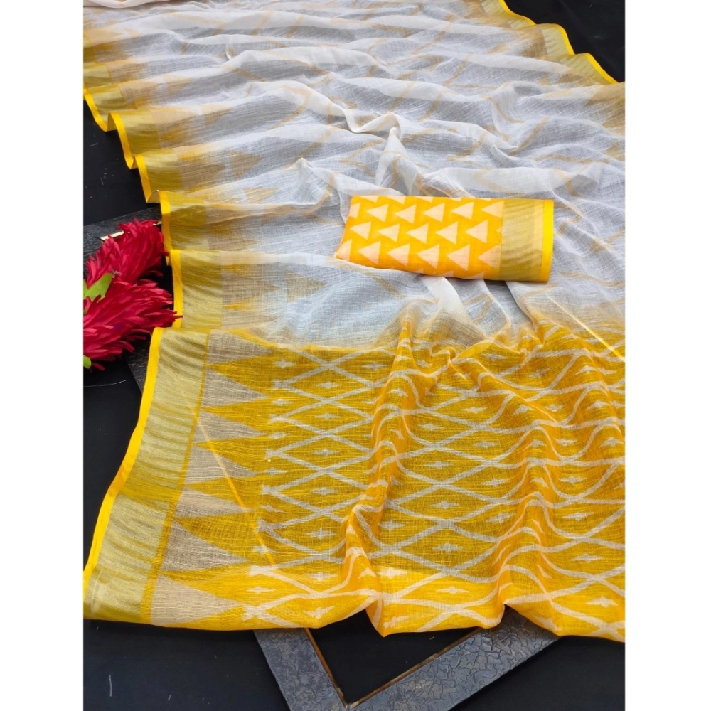 Women's Cotton Linen Woven Design Saree With Unstitched Blouse 5.5Mtr (Yellow) - Image 3