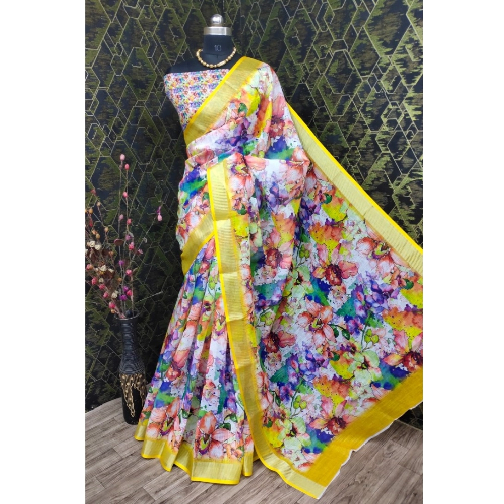 Women's Cotton Linen Printed Saree With Unstitched Blouse 5.5Mtr (Yellow) - Image 2