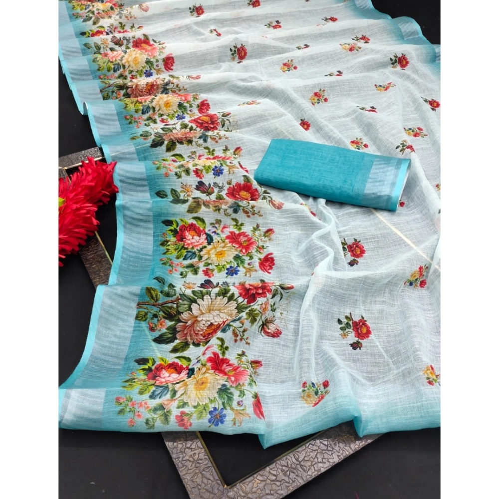 Women's Cotton Linen Woven Design Saree With Unstitched Blouse 5.5Mtr (Sky) - Image 2