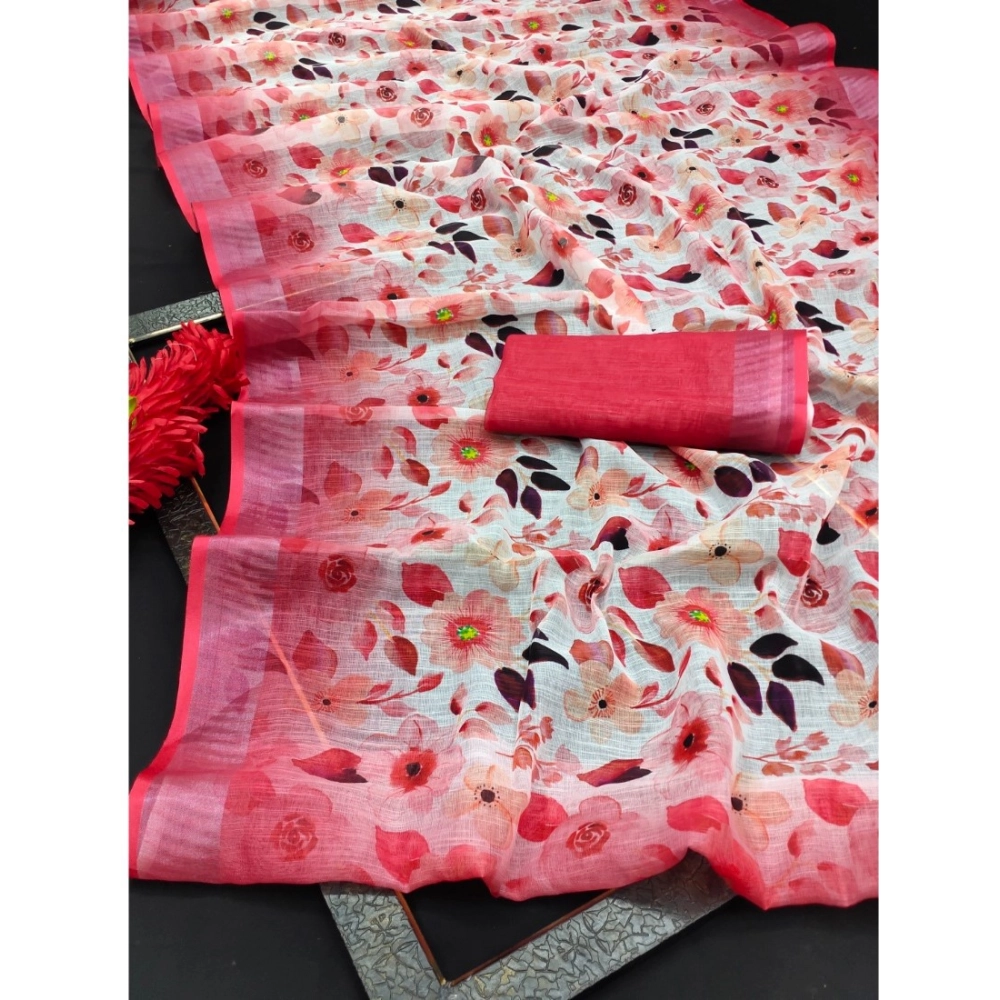 Women's Cotton Linen Woven Design Saree With Unstitched Blouse 5.5Mtr (Red) - Image 2