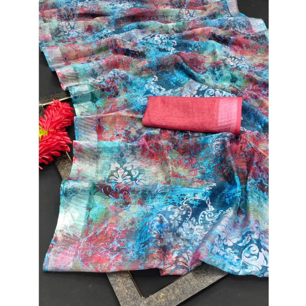 Women's Cotton Linen Woven Design Saree With Unstitched Blouse 5.5Mtr (Blue) - Image 2