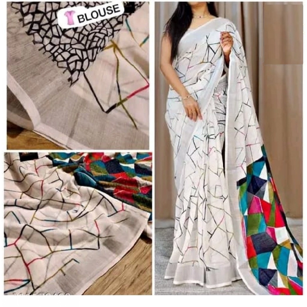 Women's Cotton Linen Printed Saree With Unstitched Blouse 5.5Mtr (White) - Image 2