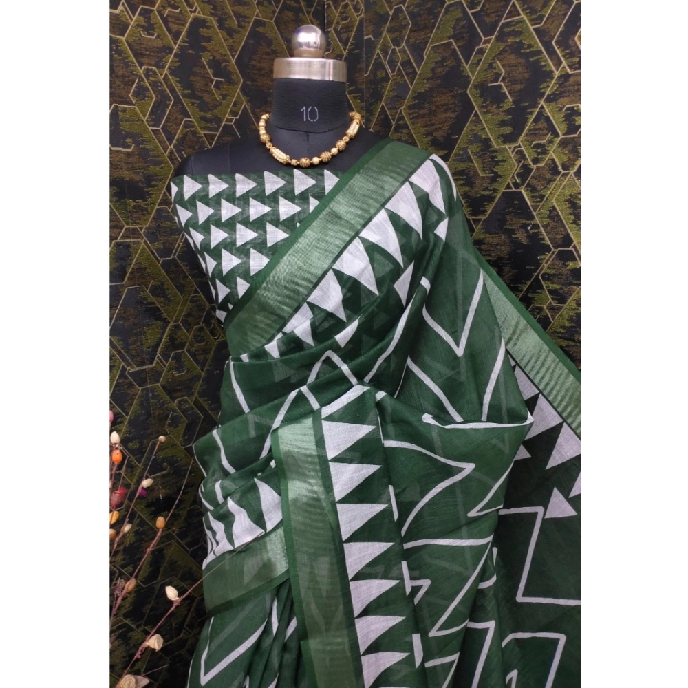 Women's Cotton Linen Woven Design Saree With Unstitched Blouse 5.5Mtr (Green) - Image 2