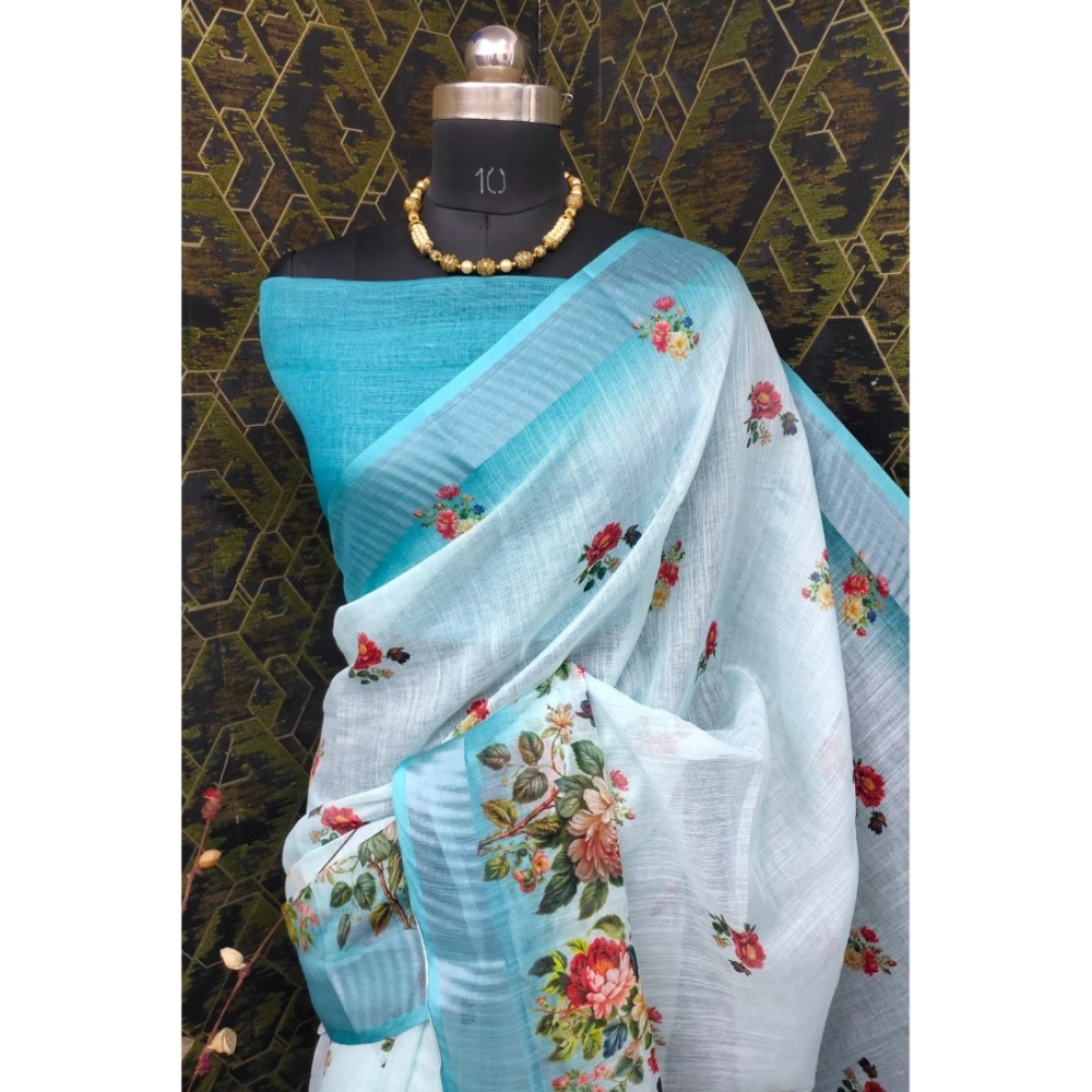 Women's Cotton Linen Woven Design Saree With Unstitched Blouse 5.5Mtr (Sky) - Image 3
