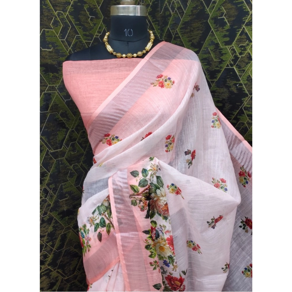 Women's Cotton Linen Woven Design Saree With Unstitched Blouse 5.5Mtr (Peach) - Image 3