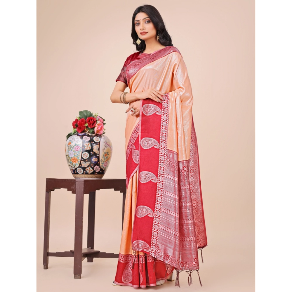 Women's Lichi Silk Printed Saree With Unstitched Blouse 5.5Mtr (Peach)