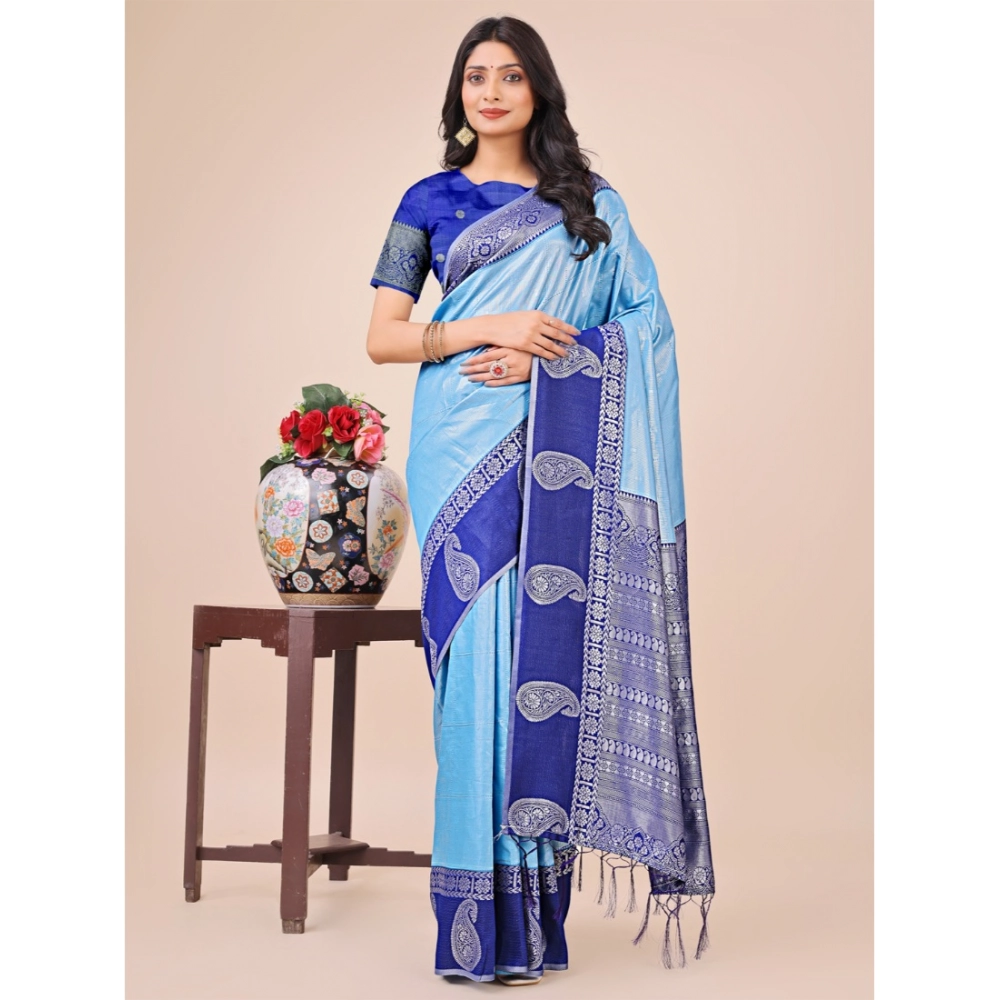 Women's Lichi Silk Printed Saree With Unstitched Blouse 5.5Mtr (Sky Blue)