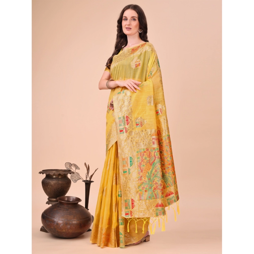 Women's Linen Cotton Printed Saree With Unstitched Blouse 5.5Mtr (Yellow)