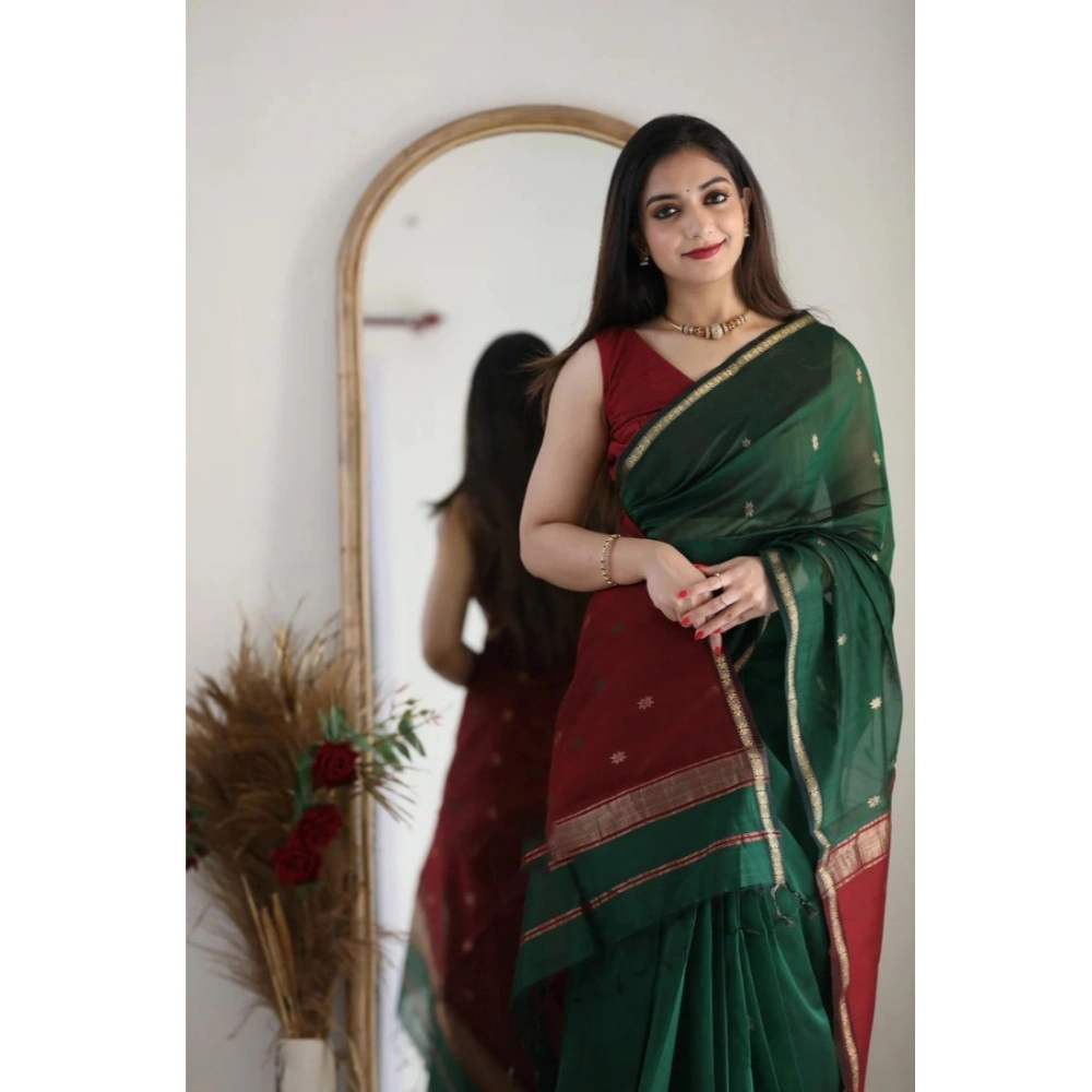 Women's Cotton Printed Saree With Unstitched Blouse 5.5Mtr (Dark Green) - Image 3