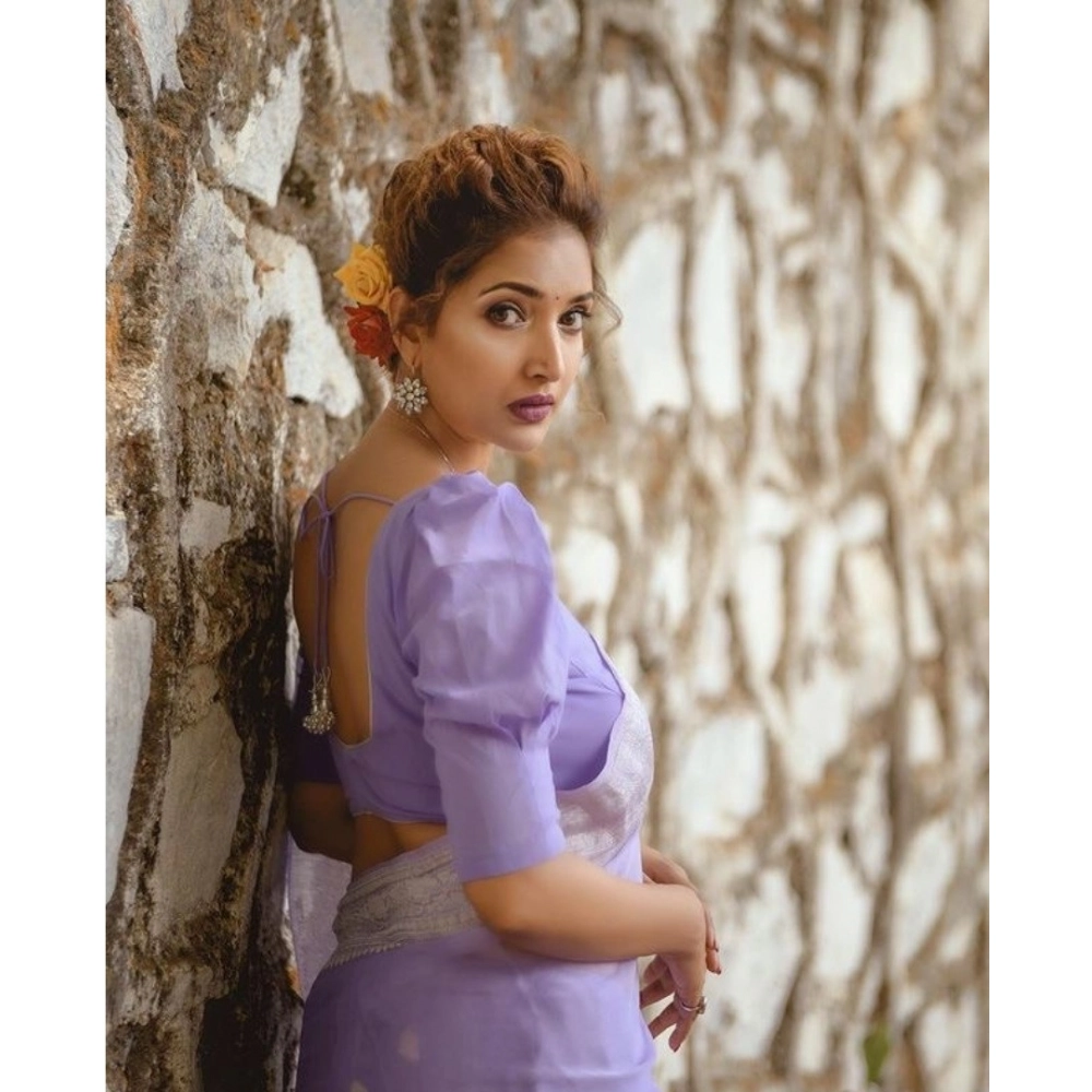 Women's Cotton Printed Saree With Unstitched Blouse 5.5Mtr (Lavender) - Image 3