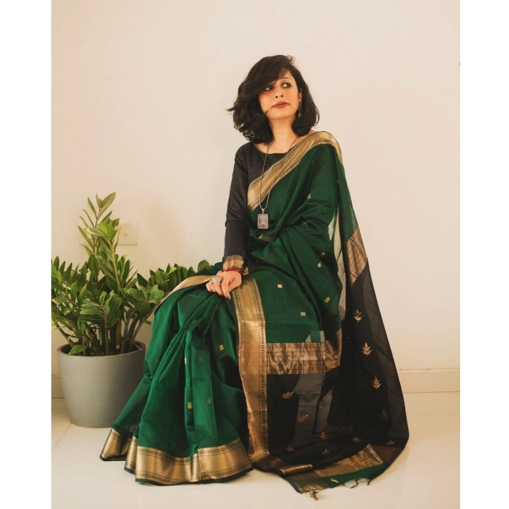 Women's Silk Printed Saree With Unstitched Blouse 5.5Mtr (Dark Green) - Image 3