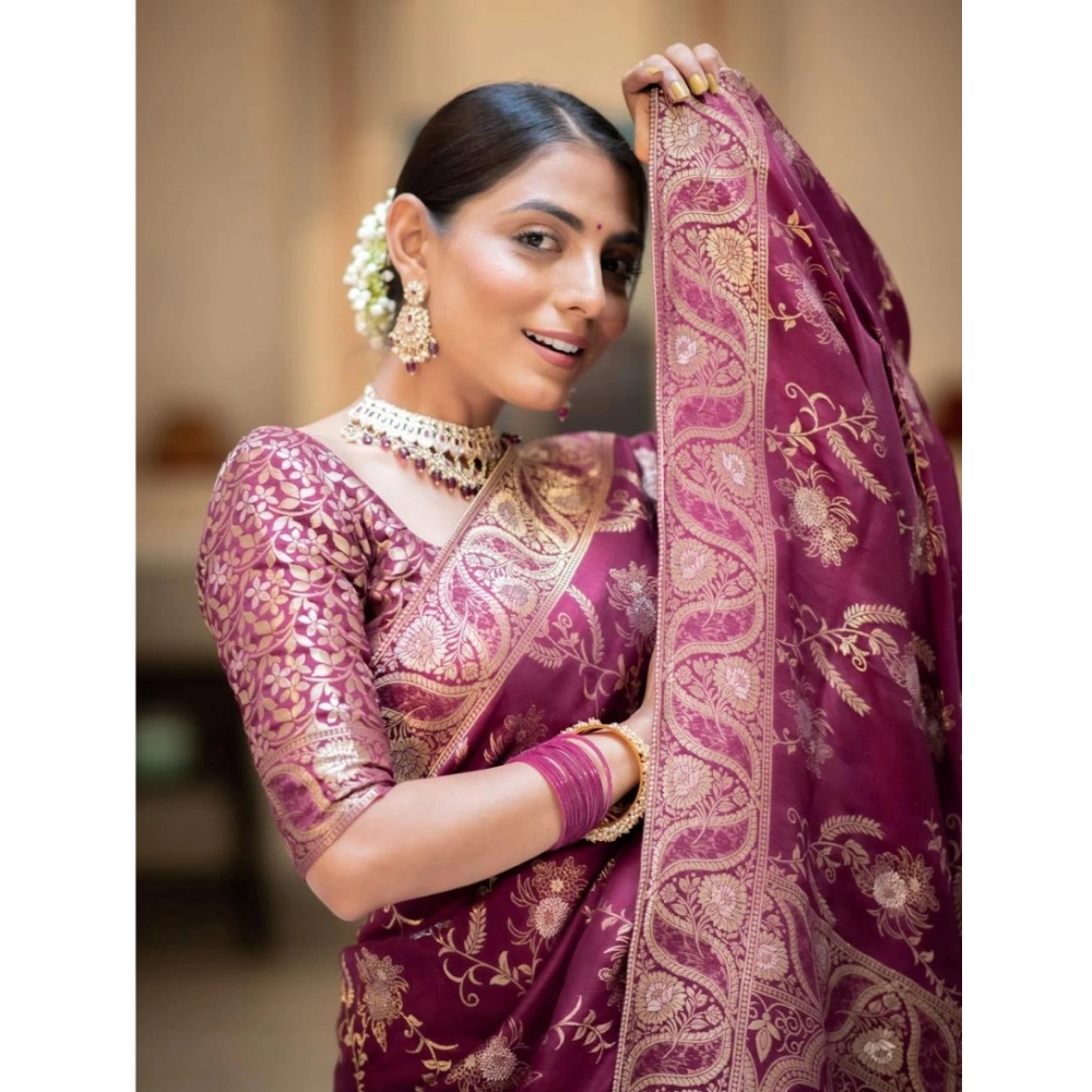 Women's Silk Printed Saree With Unstitched Blouse 5.5Mtr (Wine) - Image 2