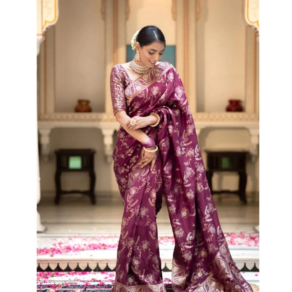 Women's Silk Printed Saree With Unstitched Blouse 5.5Mtr (Wine) - Image 3