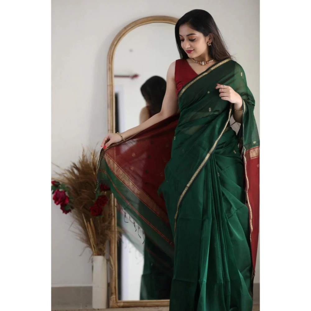 Women's Cotton Printed Saree With Unstitched Blouse 5.5Mtr (Dark Green) - Image 2