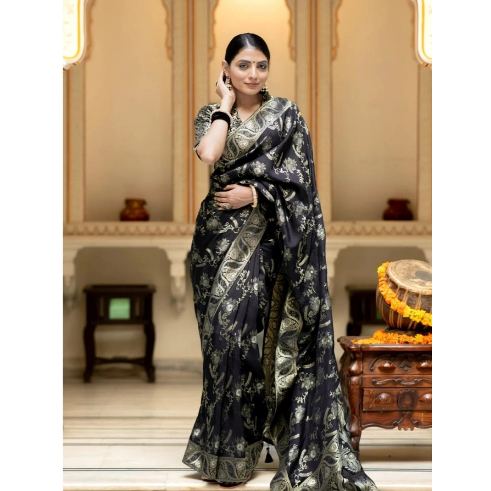 Women's Silk Printed Saree With Unstitched Blouse 5.5Mtr (Black) - Image 3