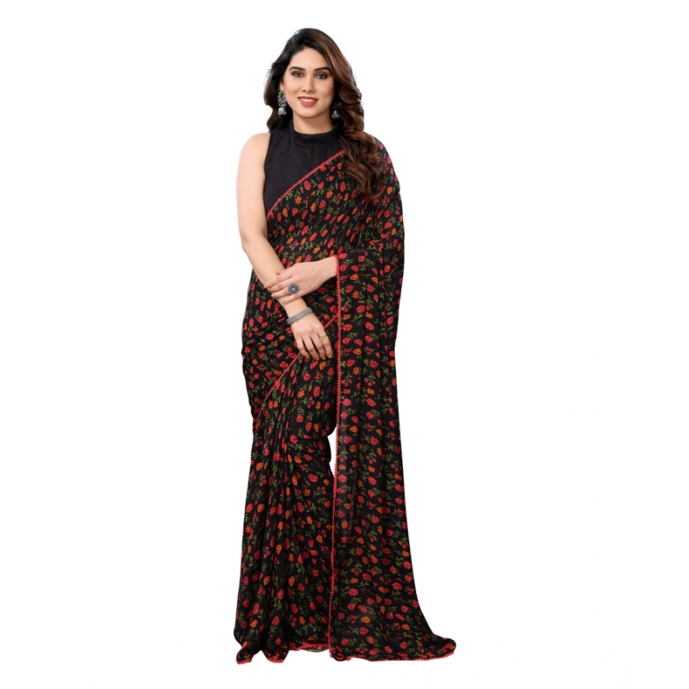 Women's Small Lace Georgette Printed Ready-to-Wear Saree With Unstitched Blouse 5.5 Mtr (Black)