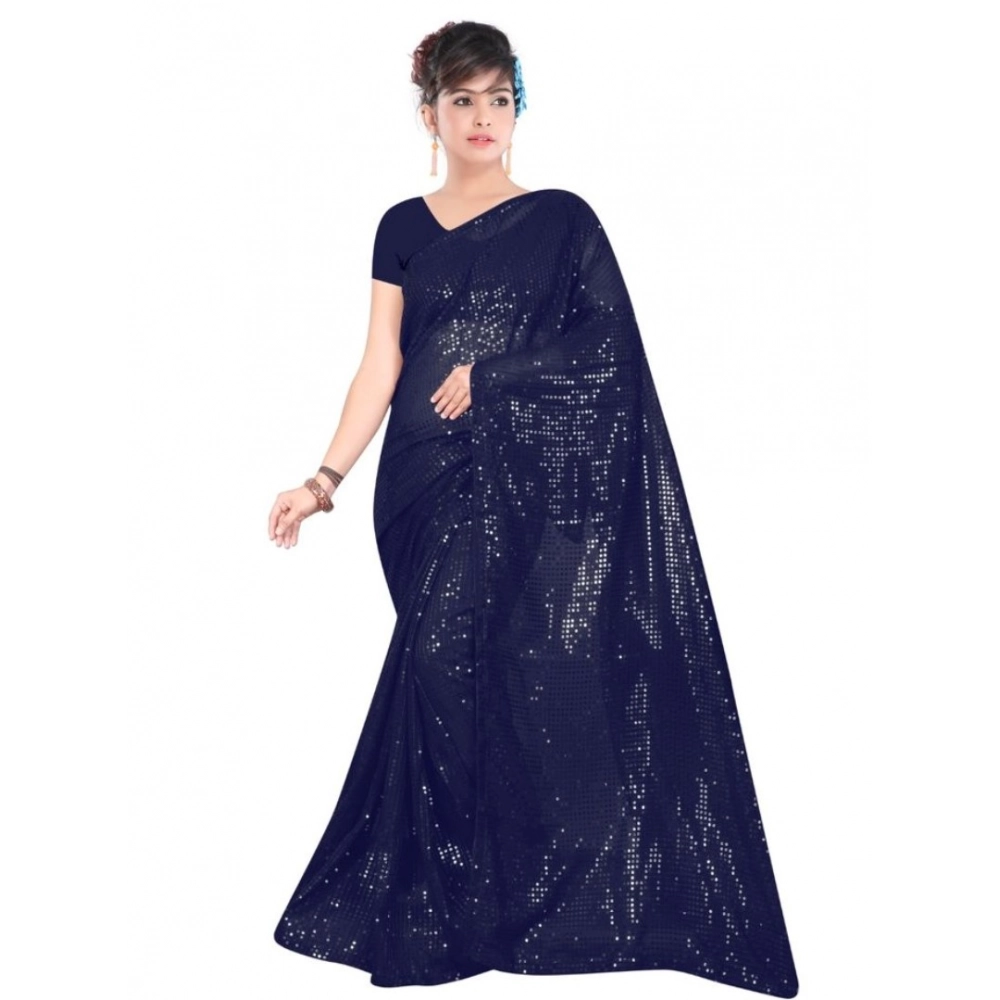 Women's Georgette Embellished Sequnece Bollywood Saree With Unstitched Blouse 5.5Mtr (Blue)
