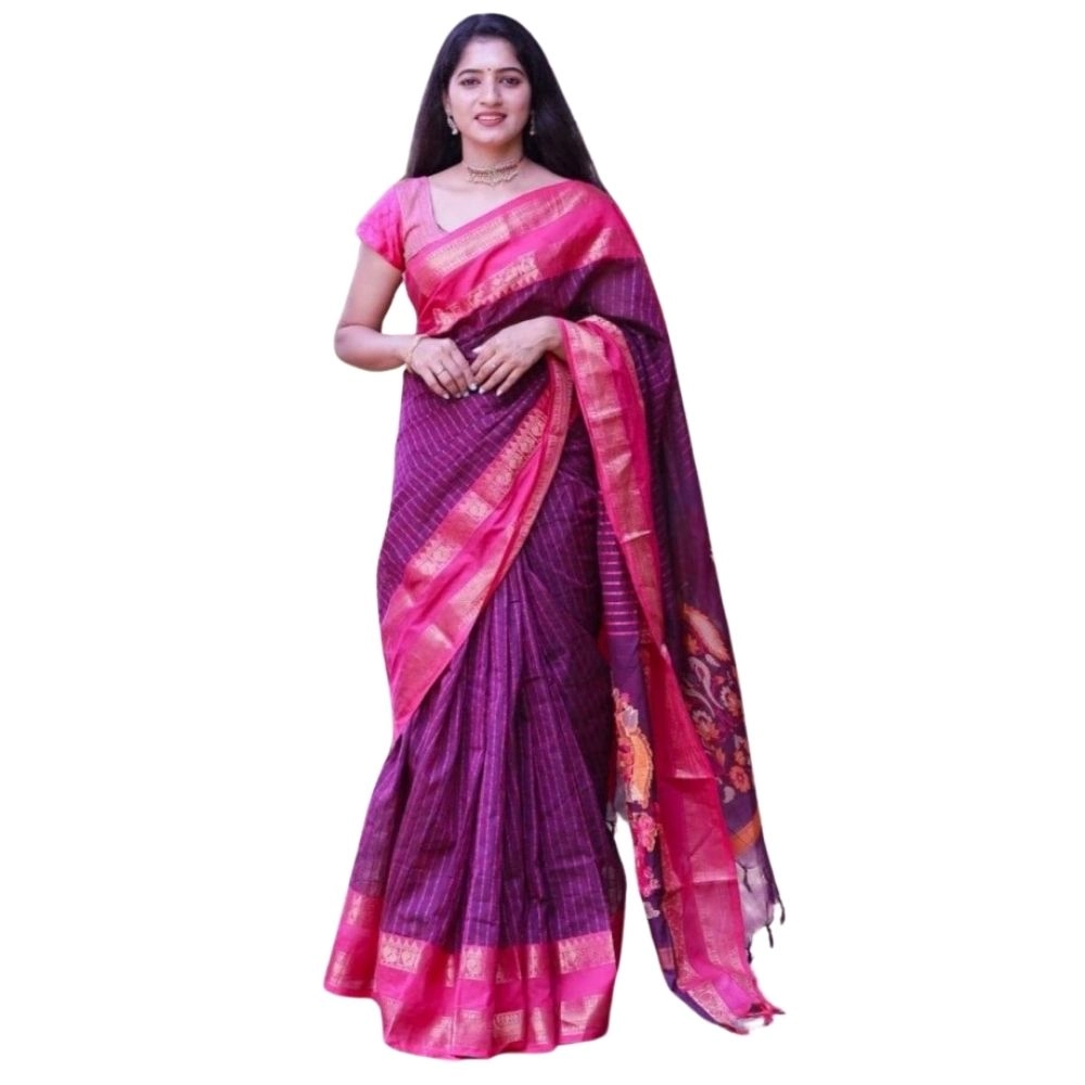 Women's Silk Printed Saree With Unstitched Blouse 5.5Mtr (Purple)