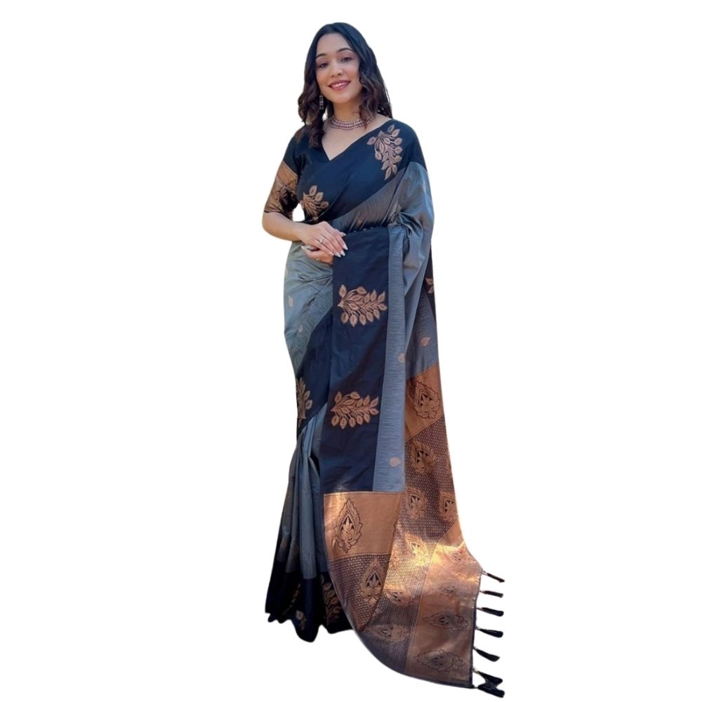 Women's Silk Printed Saree With Unstitched Blouse 5.5Mtr (Grey)