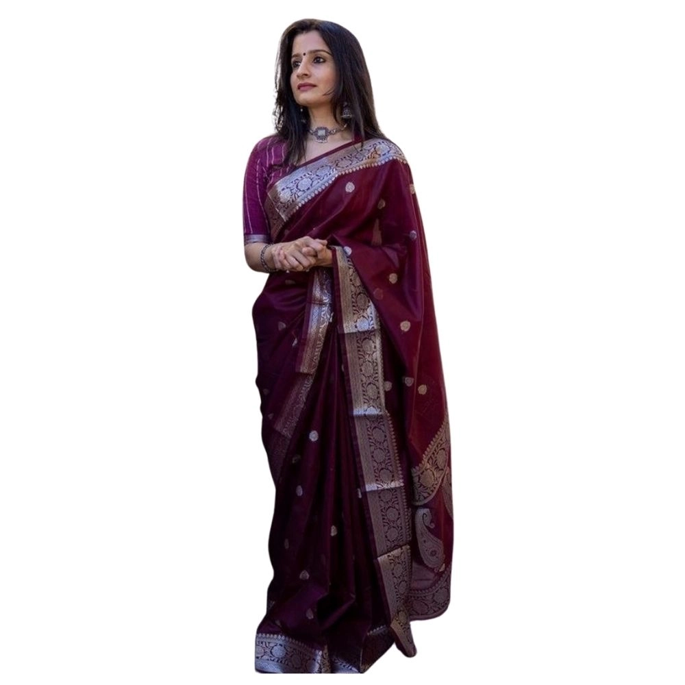 Women's Cotton  Printed Saree With Unstitched Blouse 5.5Mtr (Maroon)